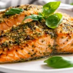 Golden Easy Pesto Salmon Fillet With Crispy Breadcrumbs On A White Plate Garnished With Fresh Basil