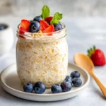 Delicious Easy Vanilla Overnight Oats In A Jar Topped With Blueberries And Strawberries On A White Plate