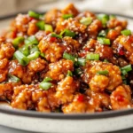 Plate Of Firecracker Ground Chicken Garnished With Scallions And Sesame Seeds On A White Plate