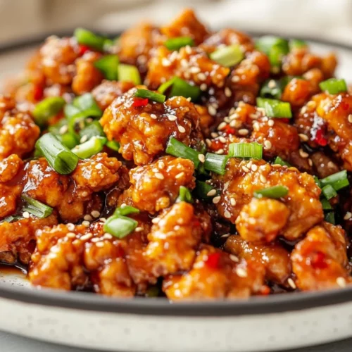 Plate Of Firecracker Ground Chicken Garnished With Scallions And Sesame Seeds On A White Plate