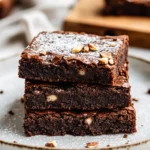 Delicious Flourless Chocolate Brownies Stacked On A White Plate, Dusted With Powdered Sugar And Topped With Crushed Almonds