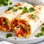 Healthy Freezer Burritos On A White Plate, Sliced To Show Colorful Filling And Topped With Fresh Cilantro