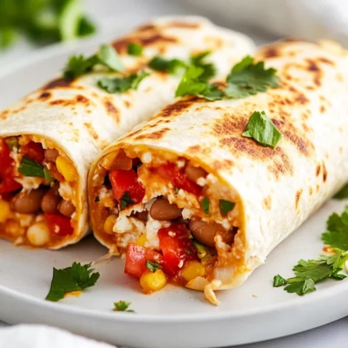 Healthy And Easy Freezer Burritos Perfect For Meal Prep 2 Healthy Freezer Burritos On A White Plate, Sliced To Show Colorful Filling And Topped With Fresh Cilantro