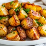 Crispy Garlic Herb Roasted Potatoes On A White Plate, Garnished With Parsley And Green Onions