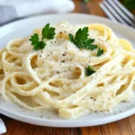 Creamy Gluten-Free Alfredo Sauce On Fettuccine With Parmesan And Parsley Garnish On A White Plate