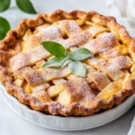 Gluten-Free Apple Pie With Snickerdoodle Crust On A White Plate, Garnished With Powdered Sugar And Mint.