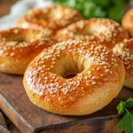 Freshly Baked Gluten-Free Bagels On A Wooden Board, Garnished With Sesame Seeds And Parsley