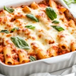 Delicious Gluten Free Baked Ziti In A White Dish, Topped With Melted Mozzarella And Fresh Basil