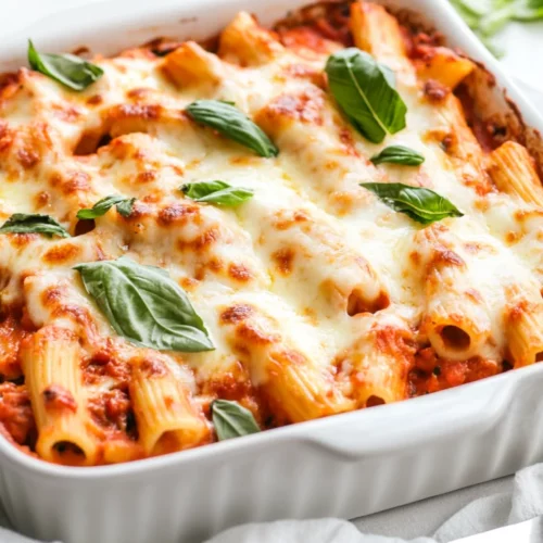 Delicious Gluten Free Baked Ziti In A White Dish, Topped With Melted Mozzarella And Fresh Basil