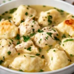 Bowl Of Gluten Free Chicken And Dumplings In Creamy Broth Garnished With Fresh Parsley And Black Pepper