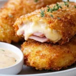 Crispy Gluten Free Chicken Cordon Bleu On A White Plate With Fresh Thyme And Creamy Sauce Drizzle
