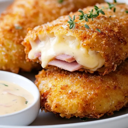 The Best Gluten Free Chicken Cordon Bleu Recipe – Crispy &Amp; Healthy 2 Crispy Gluten Free Chicken Cordon Bleu On A White Plate With Fresh Thyme And Creamy Sauce Drizzle
