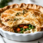 Golden Gluten Free Chicken Pot Pie Filled With Chicken And Vegetables, Served On A White Plate