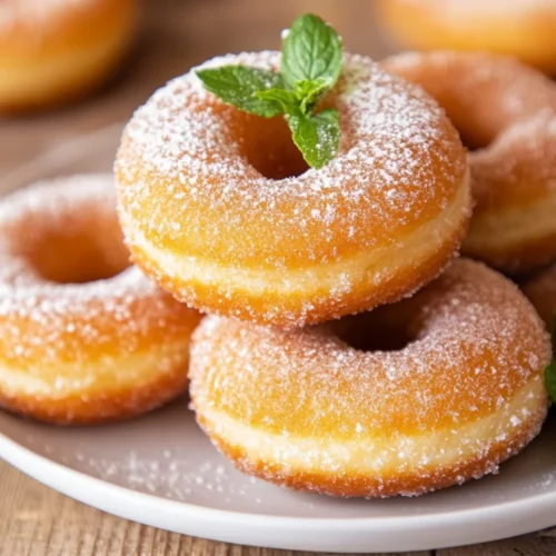 Easy Gluten Free Donuts Recipe – Perfectly Light And Fluffy 2 Gluten Free Donuts Easy Glazed And Stacked On A White Plate, Garnished With Powdered Sugar And Mint Leaves