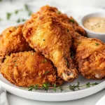 Crispy Gluten-Free Fried Chicken On A White Plate, Garnished With Fresh Parsley And Lemon Wedges