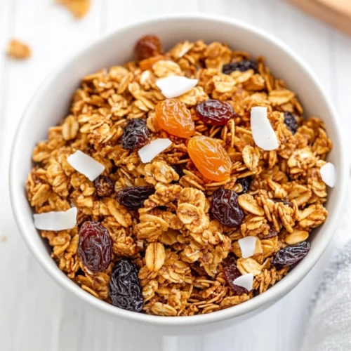 Close-Up Of Gluten Free Granola In A White Bowl, Garnished With Dried Fruit And Coconut Flakes