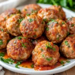 Plate Of Gluten-Free Meatballs Garnished With Parsley And Marinara Sauce, Served On A White Plate