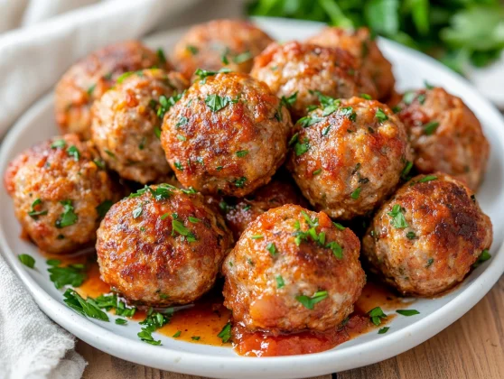 The Best Gluten-Free Meatballs - Easy, Delicious, Dairy-Free Option 2 Plate Of Gluten-Free Meatballs Garnished With Parsley And Marinara Sauce, Served On A White Plate
