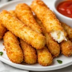 Crispy Gluten-Free Mozzarella Sticks On A White Plate Served With Marinara Sauce For Dipping
