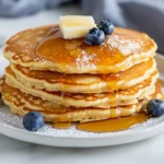 Fluffy Gluten Free Pancakes Stacked On A White Plate, Topped With Butter And Blueberries, Drizzled With Maple Syrup