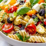 Colorful Gluten-Free Pasta Salad In A White Bowl, Garnished With Fresh Basil And Parmesan Cheese