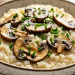 Creamy Gluten-Free Risotto Mushrooms In A Rustic White Bowl Garnished With Fresh Chives And Sliced Mushrooms