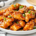 Crispy Gluten Free Sesame Chicken On A White Plate Garnished With Sesame Seeds And Scallions
