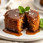 Gluten Free Sticky Toffee Pudding Served On A White Plate, Drizzled With Toffee Sauce And Garnished With Mint Leaves