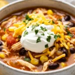 Bowl Of Gluten Free Taco Soup Topped With Sour Cream And Cheese, Served With Tortilla Chips On A Wooden Table.