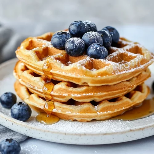 Crispy Gluten-Free Waffles: Easy &Amp; Delicious Recipe 2 Stack Of Crispy Gluten-Free Waffles Drizzled With Maple Syrup And Topped With Blueberries On A White Plate