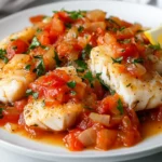 Greek Fish With Tomatoes And Onions On A White Plate, Garnished With Parsley And Lemon Wedges