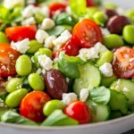 Colorful Greek Salad With Edamame In A White Bowl, Garnished With Fresh Basil And Diced Vegetables