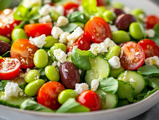 Greek Salad With Edamame: A Healthy, Protein-Packed Twist 2 Colorful Greek Salad With Edamame In A White Bowl, Garnished With Fresh Basil And Diced Vegetables
