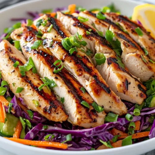 Grilled Chicken Cabbage Salad: Healthy And Flavorful Recipe 2 Grilled Chicken Cabbage Salad On A White Plate With Colorful Cabbage, Grilled Chicken Slices, And Fresh Lemon