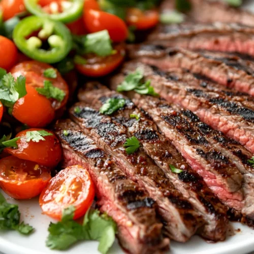Grilled Flank Steak With Tomato Salad: A Perfect Healthy Recipe 2 Sliced Grilled Flank Steak With Tomato Salad On A White Plate Garnished With Cilantro And Jalapeño
