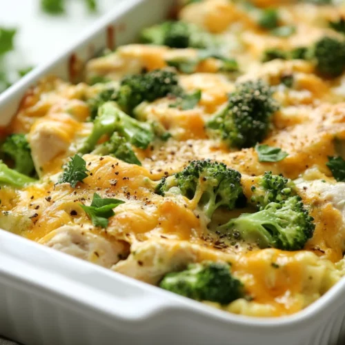 Healthy Broccoli Chicken Casserole In A White Dish, Topped With Melted Cheddar And Garnished With Parsley
