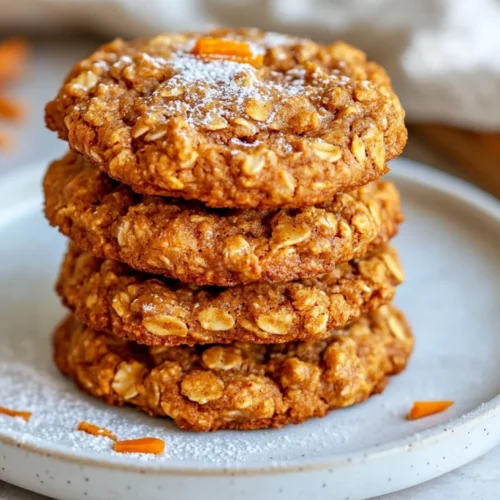 Healthy Carrot Cake Oatmeal Cookies: Naturally Sweet &Amp; Nutritious 2 Stack Of Healthy Carrot Cake Oatmeal Cookies On A White Plate, Garnished With Carrot Shavings And A Drizzle Of Maple Syrup.