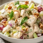 Healthy Chicken Waldorf Salad In A White Bowl, Garnished With Fresh Basil And Vibrant Grapes On A Wooden Table
