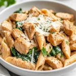 Bowl Of Healthy Garlic Parmesan Chicken Pasta Topped With Parsley And Parmesan Cheese On A White Table