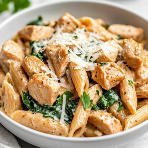 Healthy Garlic Parmesan Chicken Pasta Recipe Your Family Will Love 2 Bowl Of Healthy Garlic Parmesan Chicken Pasta Topped With Parsley And Parmesan Cheese On A White Table