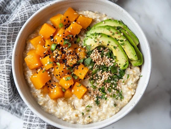 Creamy Healthy Oat Porridge In A White Bowl Topped With Butternut Squash, Avocado, And Toasted Pepitas