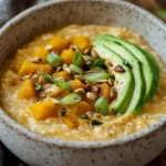 Bowl Of Healthy Oatmeal Porridge With Butternut Squash Topped With Avocado And Pepitas