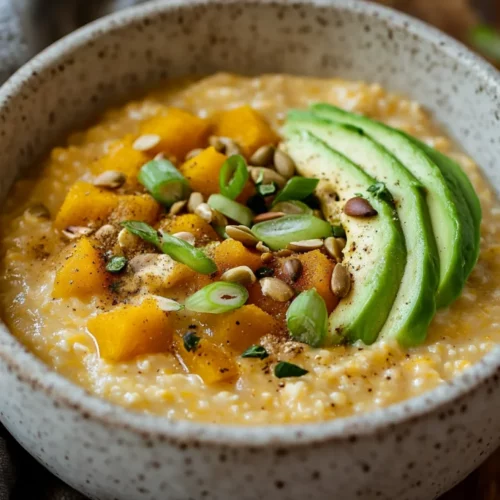 Bowl Of Healthy Oatmeal Porridge With Butternut Squash Topped With Avocado And Pepitas