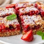Healthy Strawberry Oatmeal Bars On A White Plate, Drizzled With Glaze And Garnished With Fresh Mint Leaves.