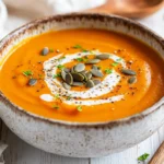 Bowl Of Healthy Sweet Potato Soup Topped With Coconut Cream And Pumpkin Seeds On A Wooden Table