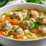 Bowl Of Healthy Turkey Meatball Soup With Star Pasta, Fresh Dill, And Vibrant Vegetables On A Wooden Table