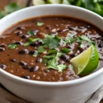 Bowl Of Homemade Black Bean Soup Topped With Fresh Cilantro And A Lime Wedge, Served On A Wooden Table