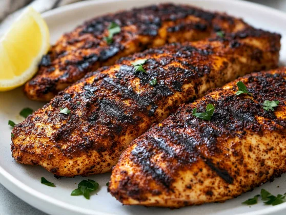 How To Grill Blackened Chicken On A White Plate Garnished With Fresh Parsley And A Lemon Wedge