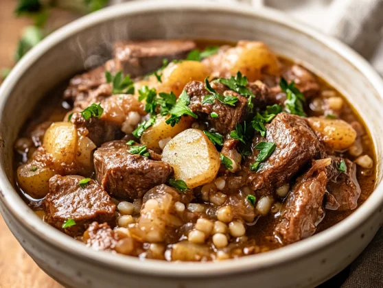Bowl Of Irish Lamb Stew Garnished With Parsley, Featuring Tender Lamb, Potatoes, And Barley In A Savory Broth