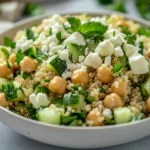 Vibrant Jennifer Aniston Salad In A White Bowl With Quinoa, Chickpeas, Cucumber, Feta, And Fresh Herbs